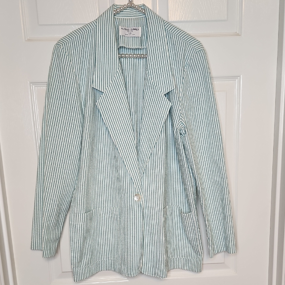 Alfred Dunner Vintage Longsleeve Blazer Teal White Vertical Stripes Seersucker